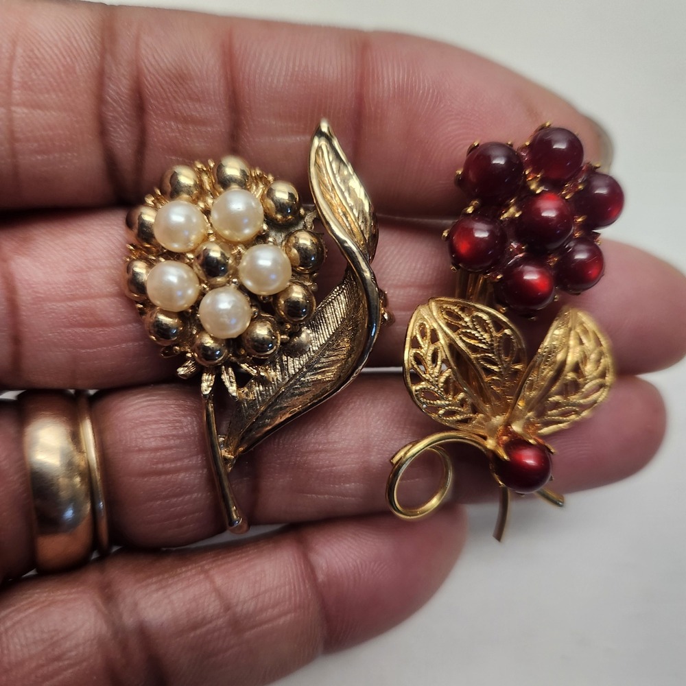 Vintage Gold Tone Floral Brooch lot Faux Pearl and Red Berry Filigree Pins‎